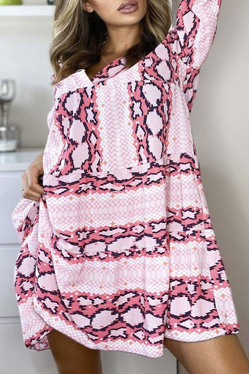 Casual Print Patchwork V Neck Printed Dresses(3 Colors)