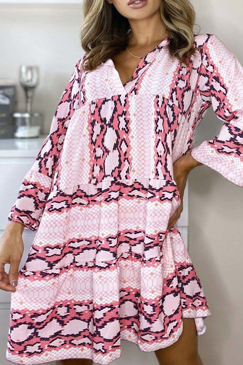 Casual Print Patchwork V Neck Printed Dresses(3 Colors)