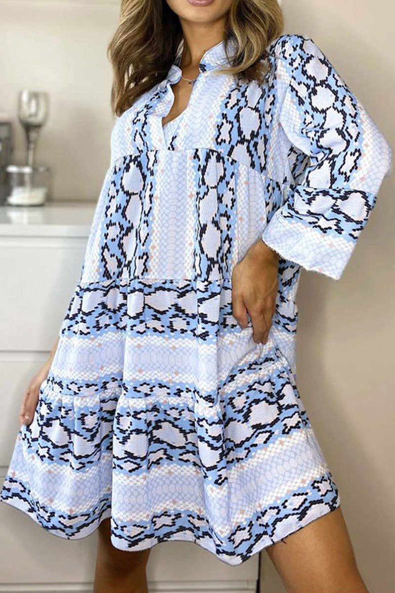 Casual Print Patchwork V Neck Printed Dresses(3 Colors)