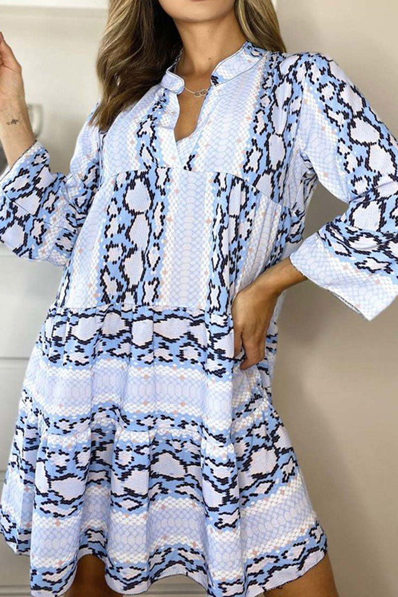 Casual Print Patchwork V Neck Printed Dresses(3 Colors)