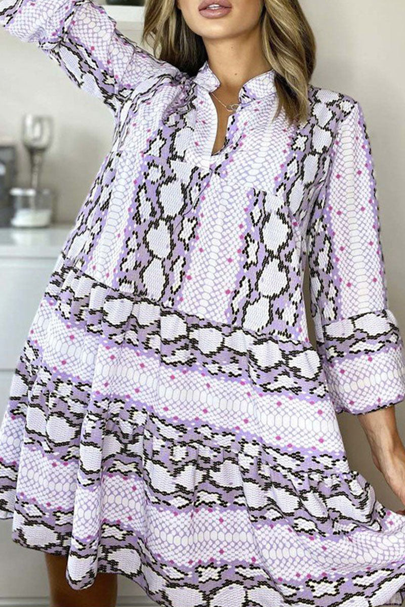 Casual Print Patchwork V Neck Printed Dresses(3 Colors)
