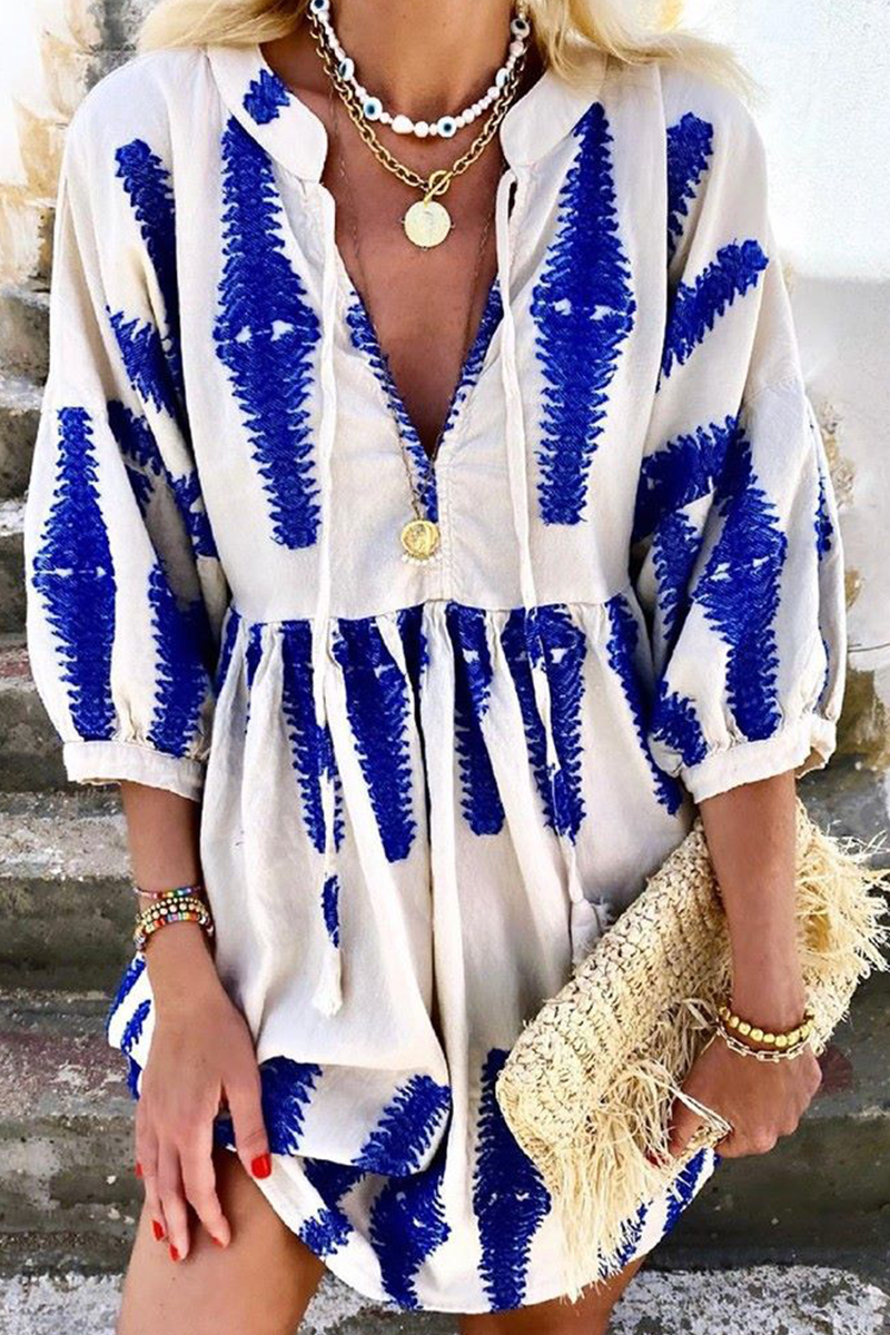 Casual Print Frenulum V Neck A Line Dresses