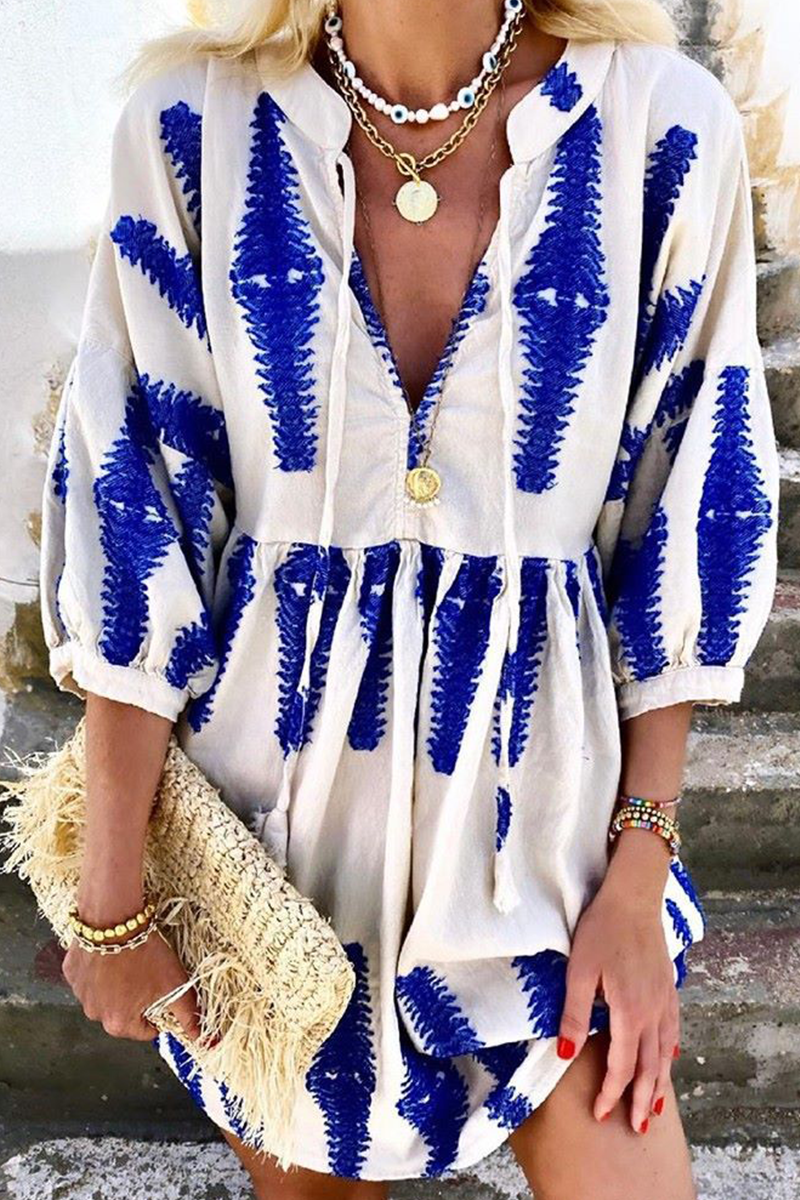Casual Print Frenulum V Neck A Line Dresses
