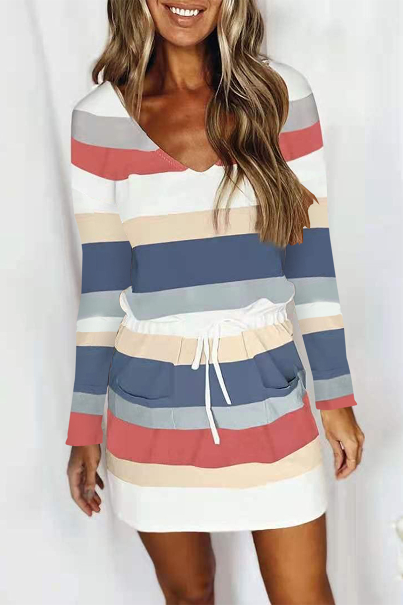 Casual Color Lump Draw String Frenulum V Neck Waist Skirt Dresses(6 Colors)