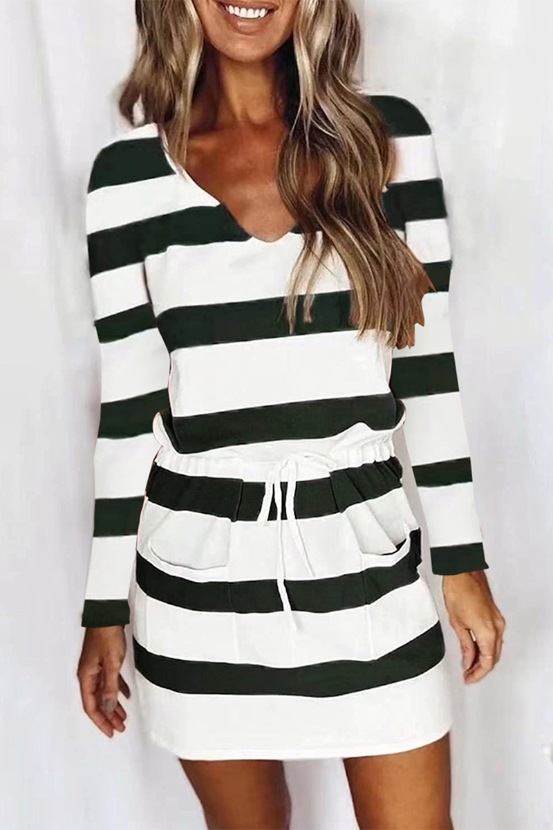 Casual Color Lump Draw String Frenulum V Neck Waist Skirt Dresses(6 Colors)