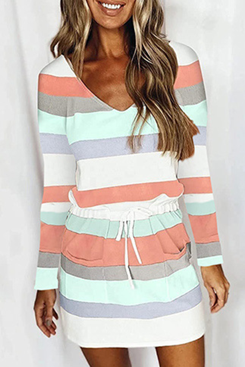 Casual Color Lump Draw String Frenulum V Neck Waist Skirt Dresses(6 Colors)