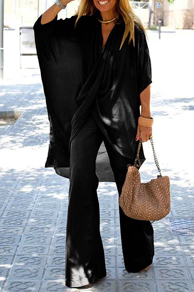Casual Solid Patchwork Fold Ammetrical V Neck Half Sleeve Two Pieces(6 Colors)
