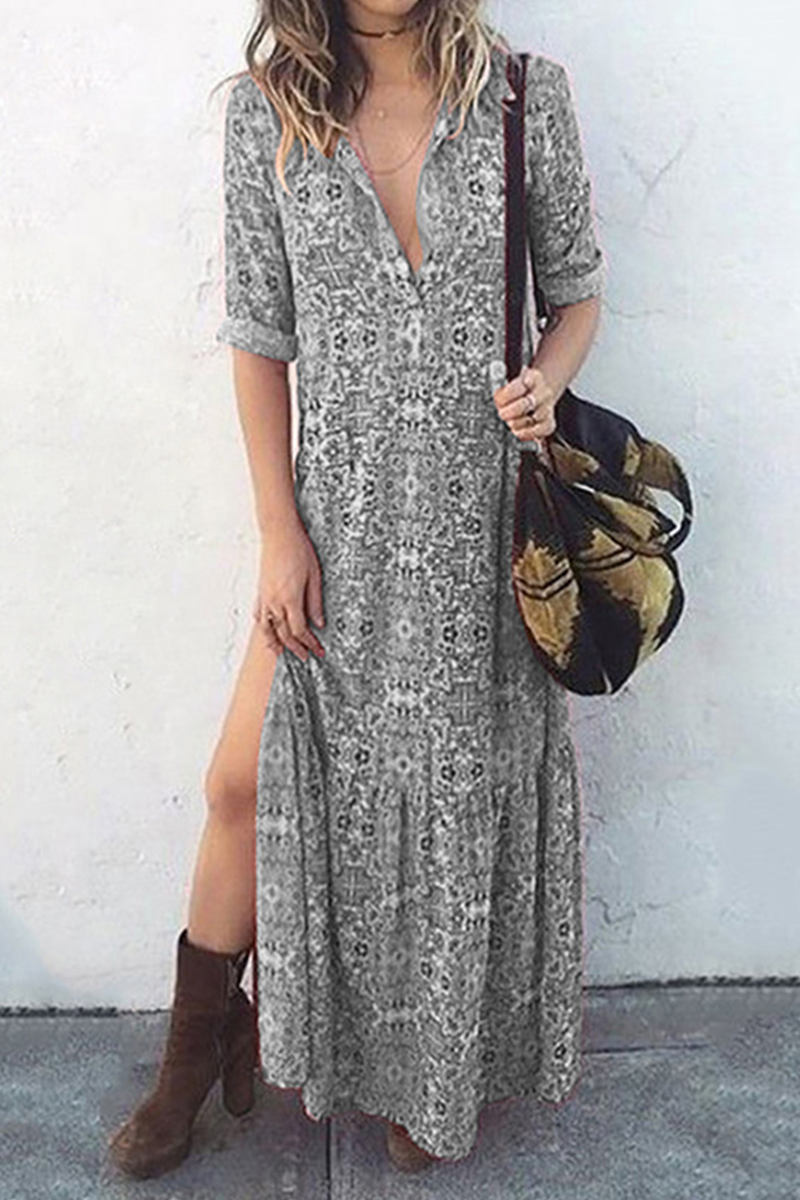 Casual Print Patchwork Turndown Collar Straight Dresses(3 Colors)