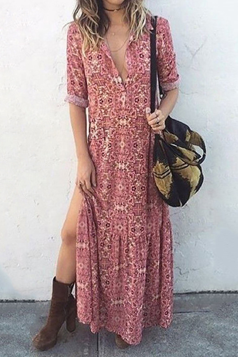 Casual Print Patchwork Turndown Collar Straight Dresses(3 Colors)