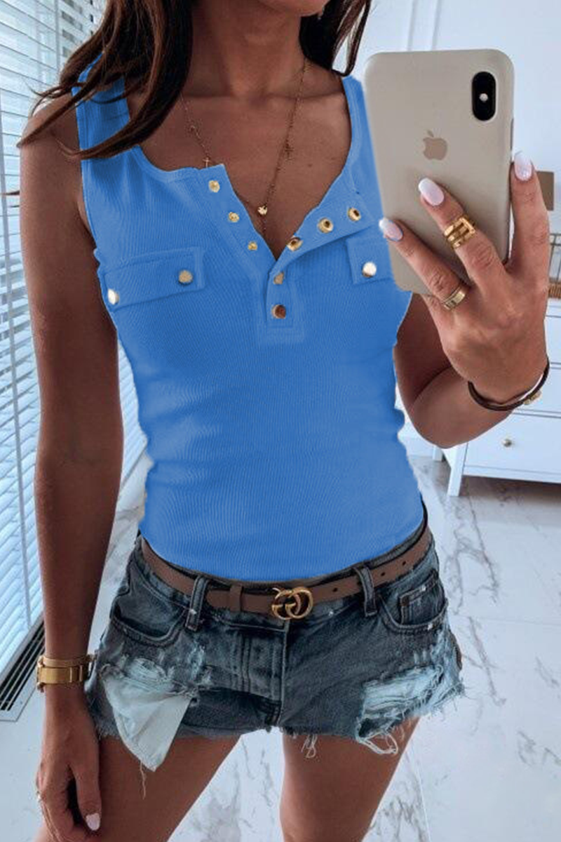 Casual Solid Buckle V Neck Tops