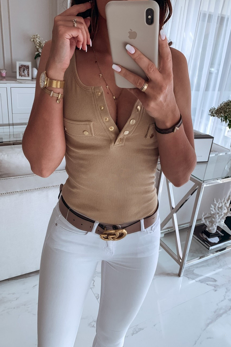 Casual Solid Buckle V Neck Tops