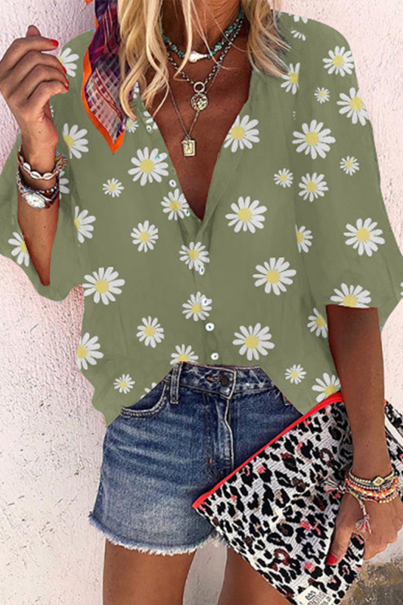 Casual Print Split Joint V Neck Tops