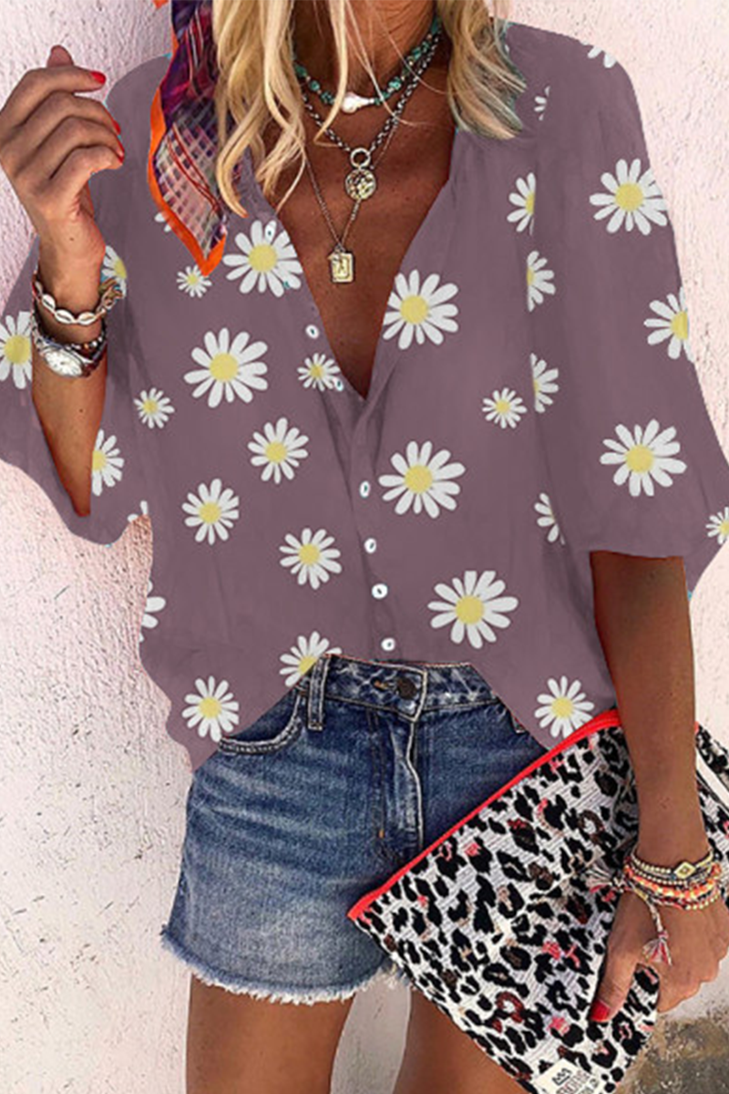 Casual Print Split Joint V Neck Tops