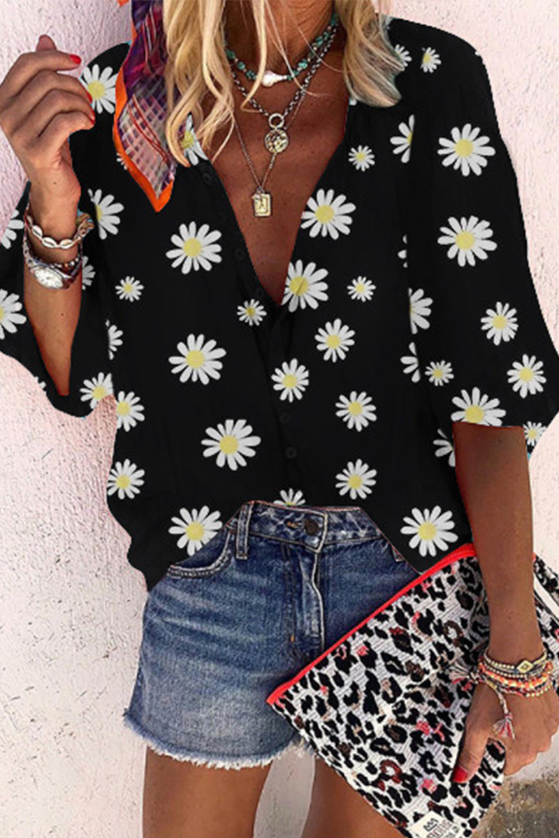 Casual Print Split Joint V Neck Tops