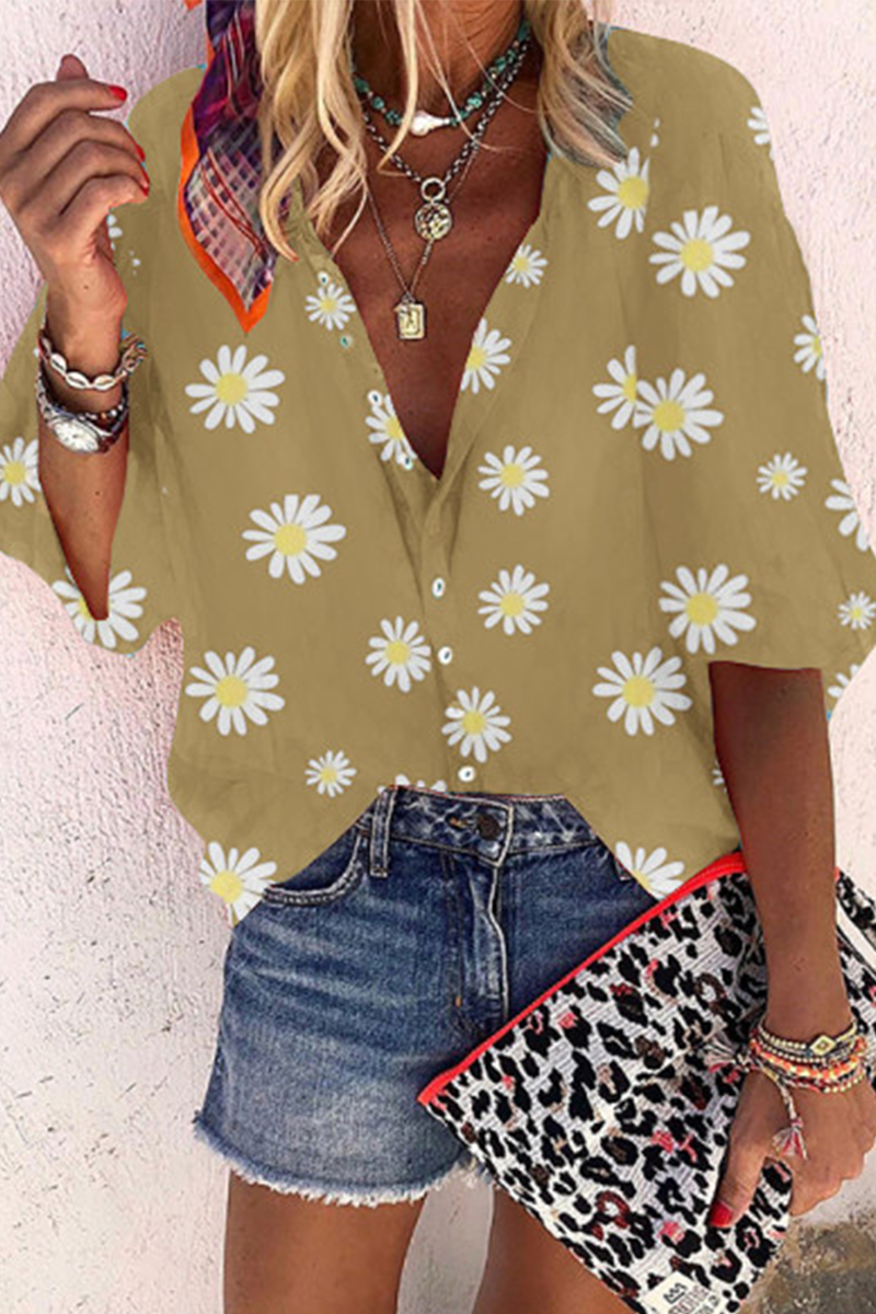 Casual Print Split Joint V Neck Tops