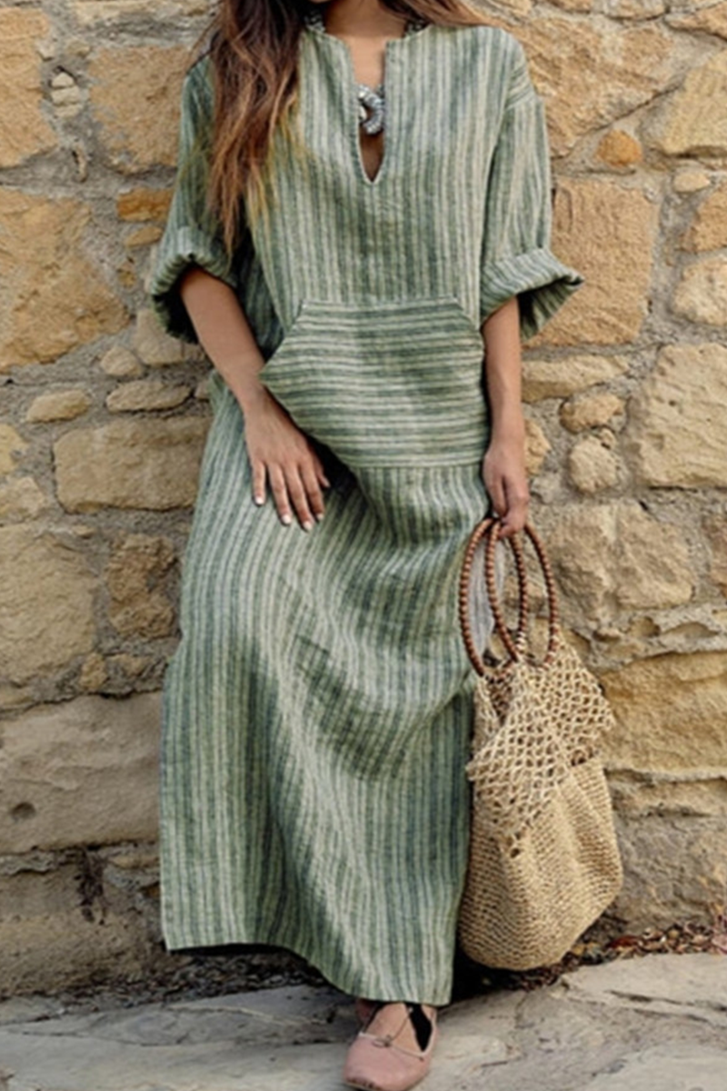 Casual Striped Split Joint V Neck Straight Dresses
