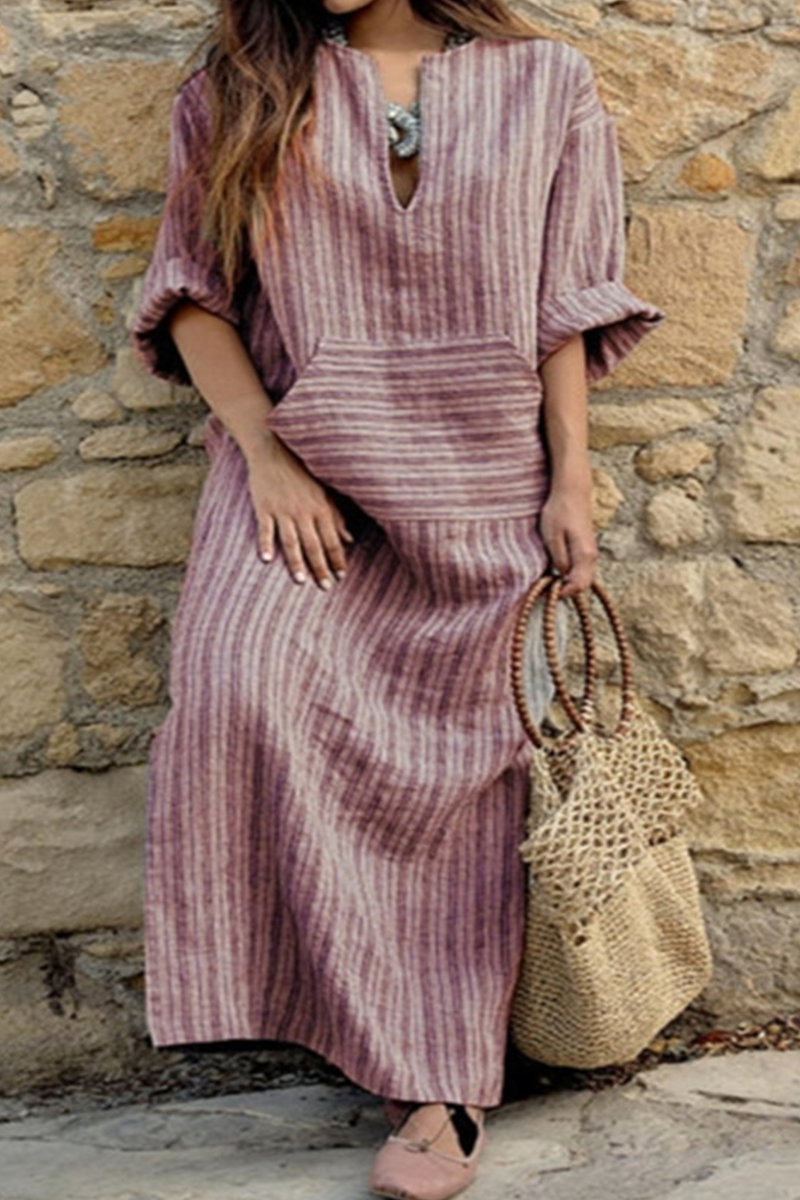 Casual Striped Split Joint V Neck Straight Dresses