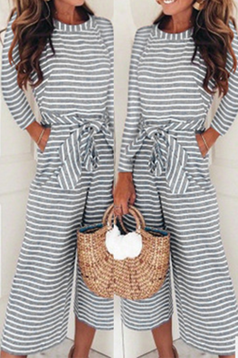 Casual Striped Patchwork O Neck Straight Jumpsuits(3 Colors)