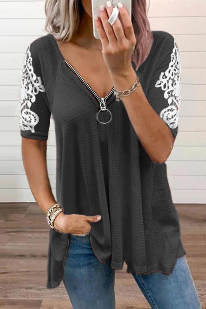 Casual Solid Lace V Neck T-Shirts(4 Colors)