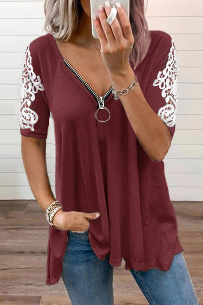 Casual Solid Lace V Neck T-Shirts(4 Colors)