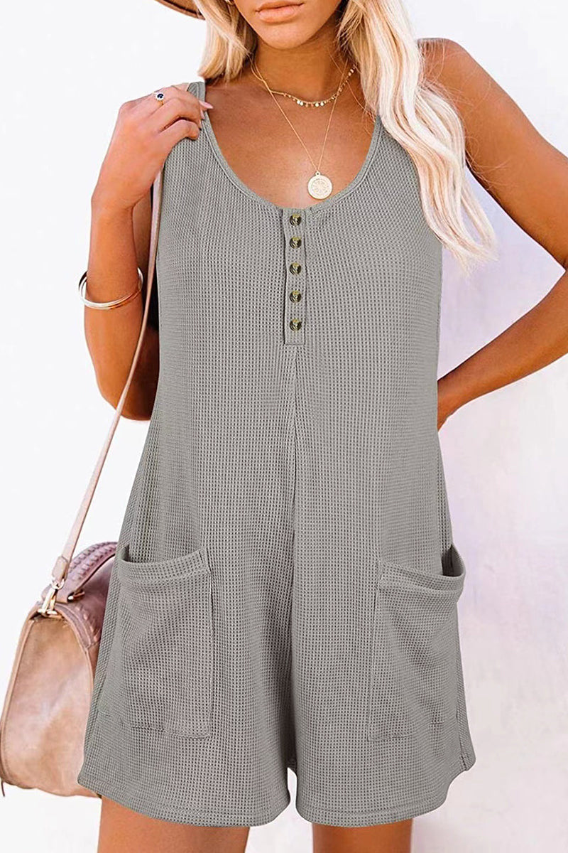 Casual Street Solid Pocket Buttons V Neck Loose Rompers