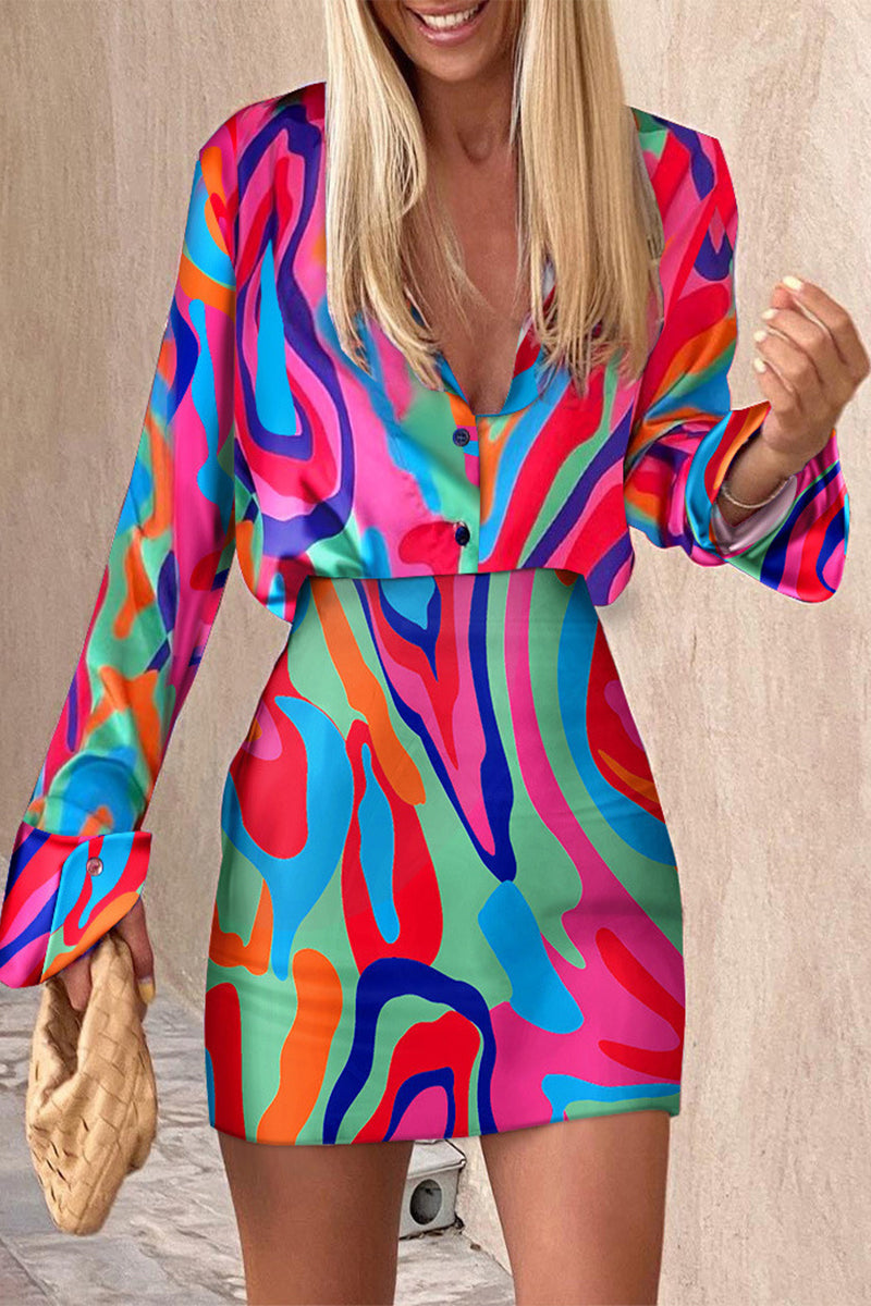 British Style Elegant Print Patchwork Buttons V Neck Long Sleeve Two Pieces