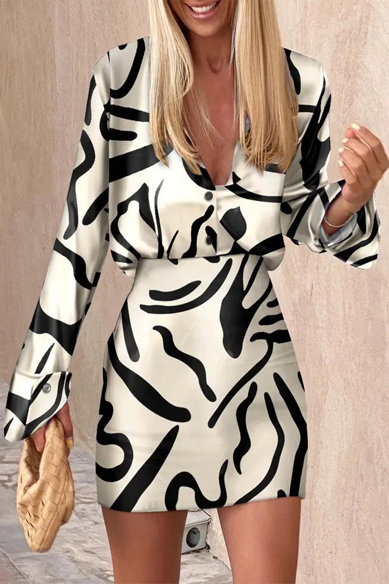 British Style Elegant Print Patchwork Buttons V Neck Long Sleeve Two Pieces