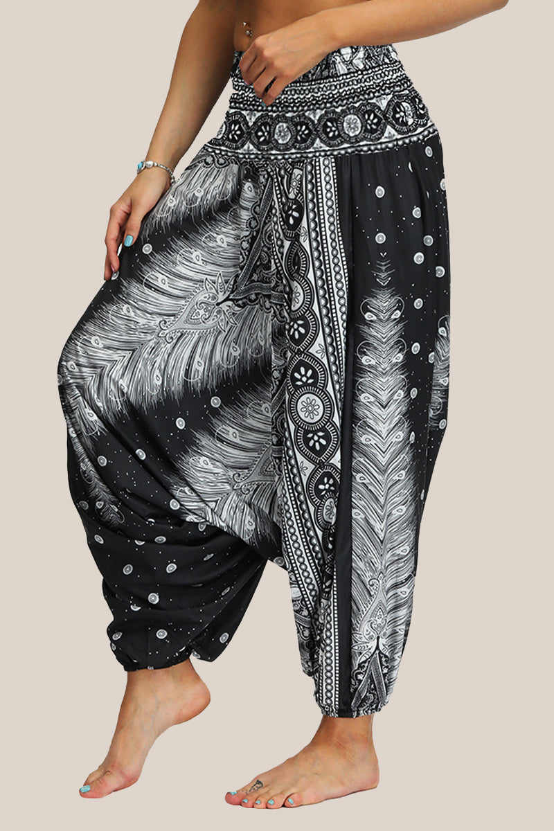 Casual College Print Patchwork Loose High Waist Lantern Full Print Bottoms
