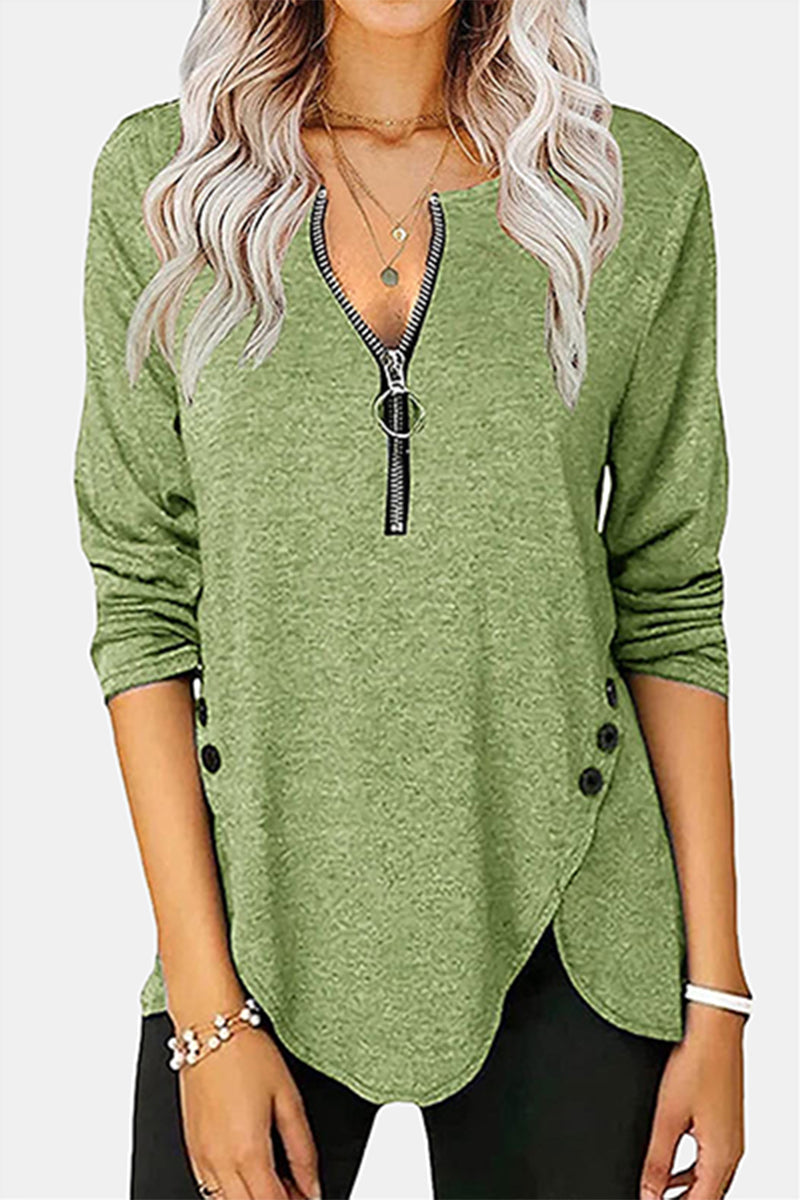 Casual Solid Buckle Ammetrical Zipper Collar Tops