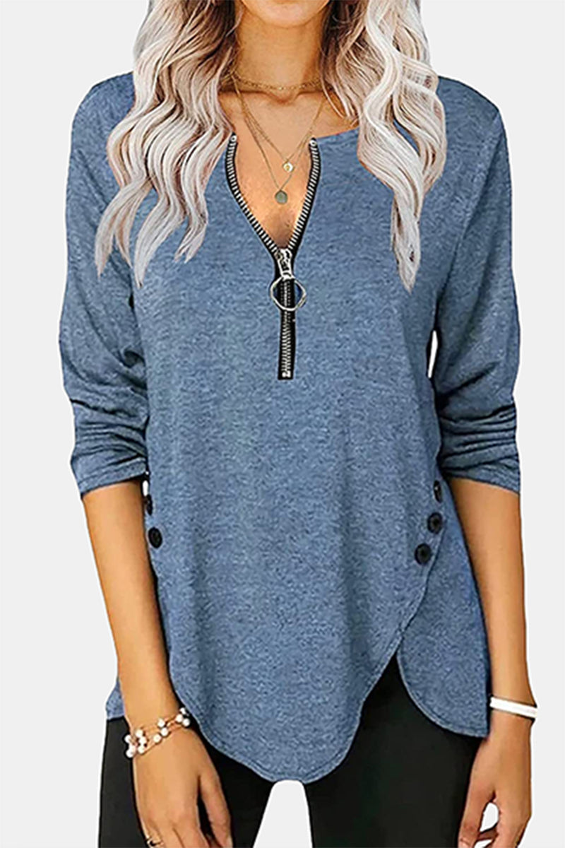 Casual Solid Buckle Ammetrical Zipper Collar Tops