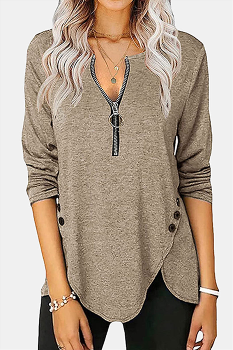 Casual Solid Buckle Ammetrical Zipper Collar Tops