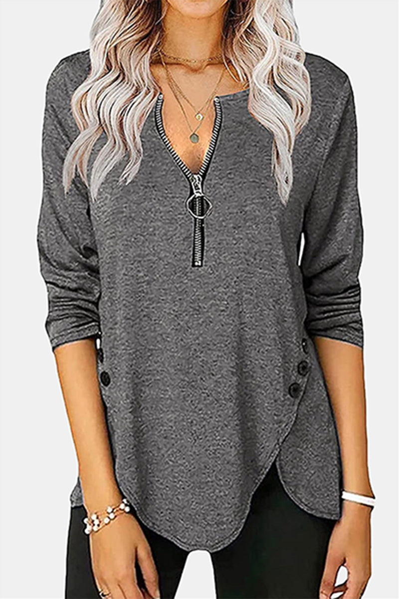 Casual Solid Buckle Ammetrical Zipper Collar Tops
