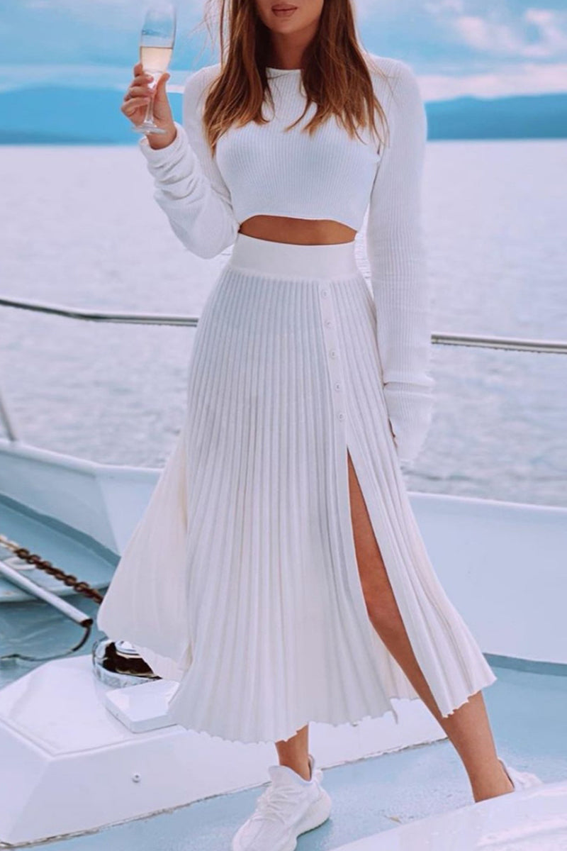 Celebrities Elegant Solid Buttons Ammetrical O Neck Long Sleeve Two Pieces