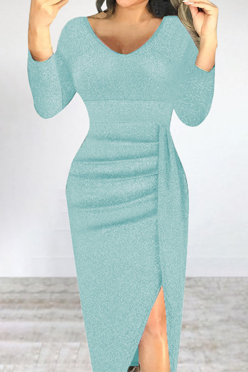 Elegant Solid Fold Sequined V Neck Irregular Dresses(5 Colors)