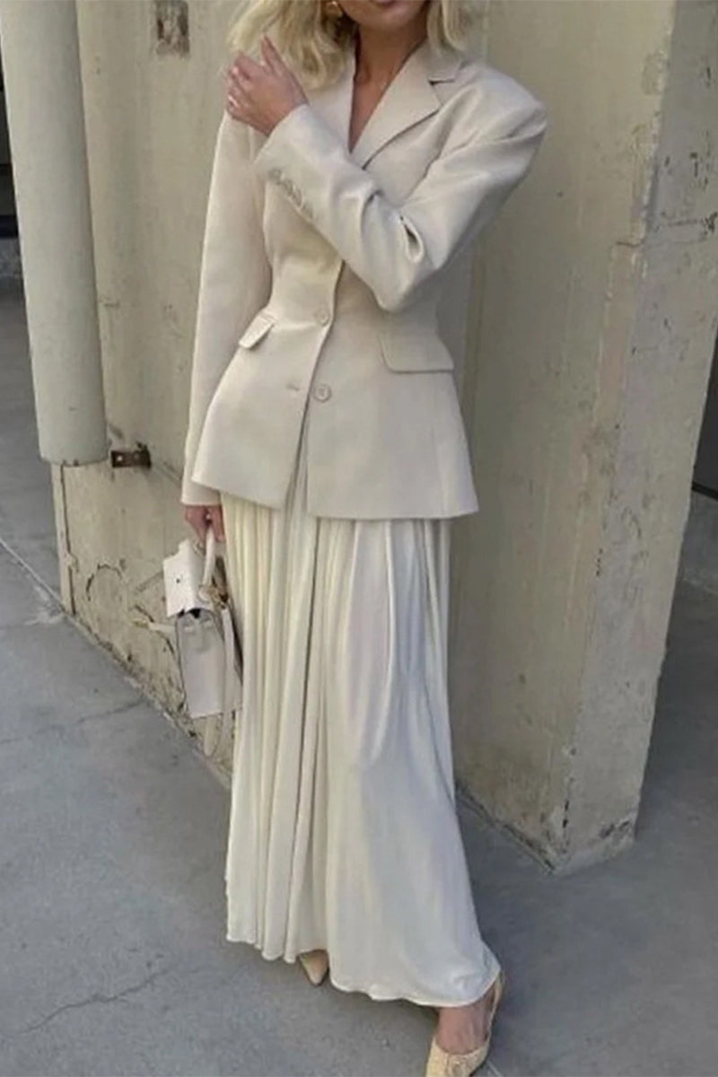 Celebrities Elegant Solid Pleated Turn-back Collar Long Sleeve Two Pieces