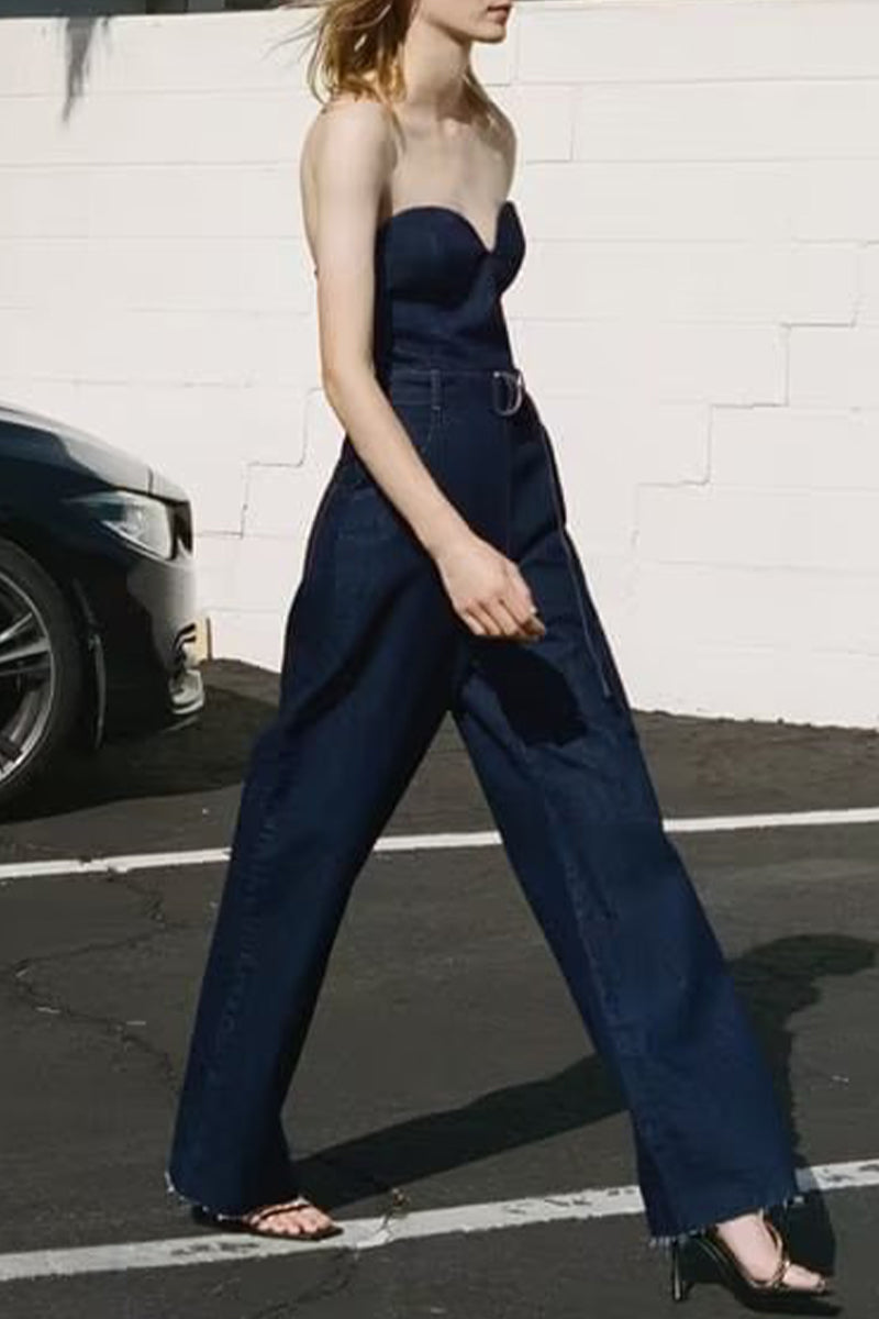Casual Solid Pocket With Belt Strapless Sleeveless Denim Jumpsuits