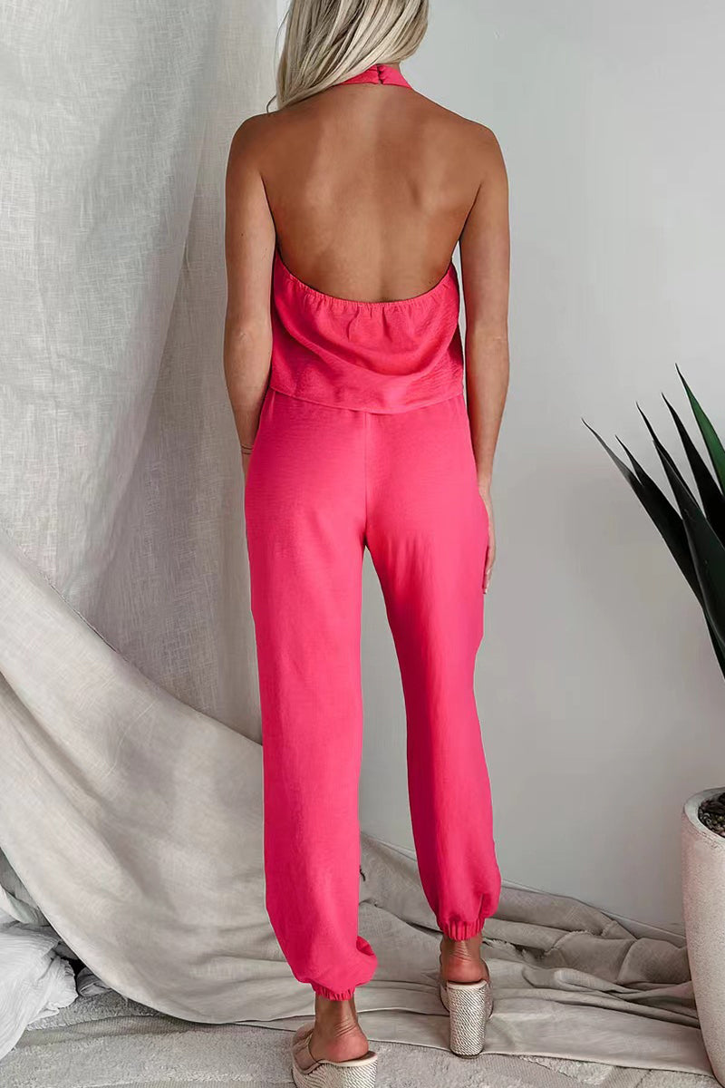 Casual Solid Backless Halter Sleeveless Two Pieces