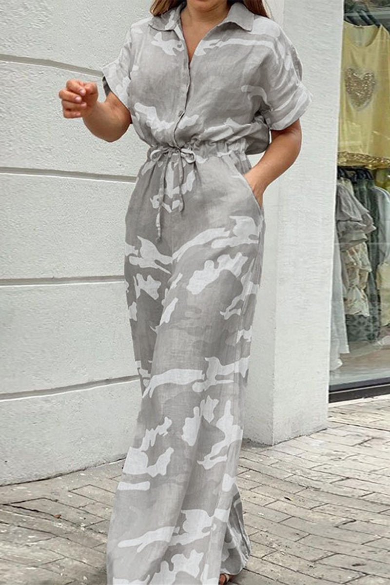 Casual Street Geometric Print Pocket Frenulum Buttons Turndown Collar Loose Jumpsuits