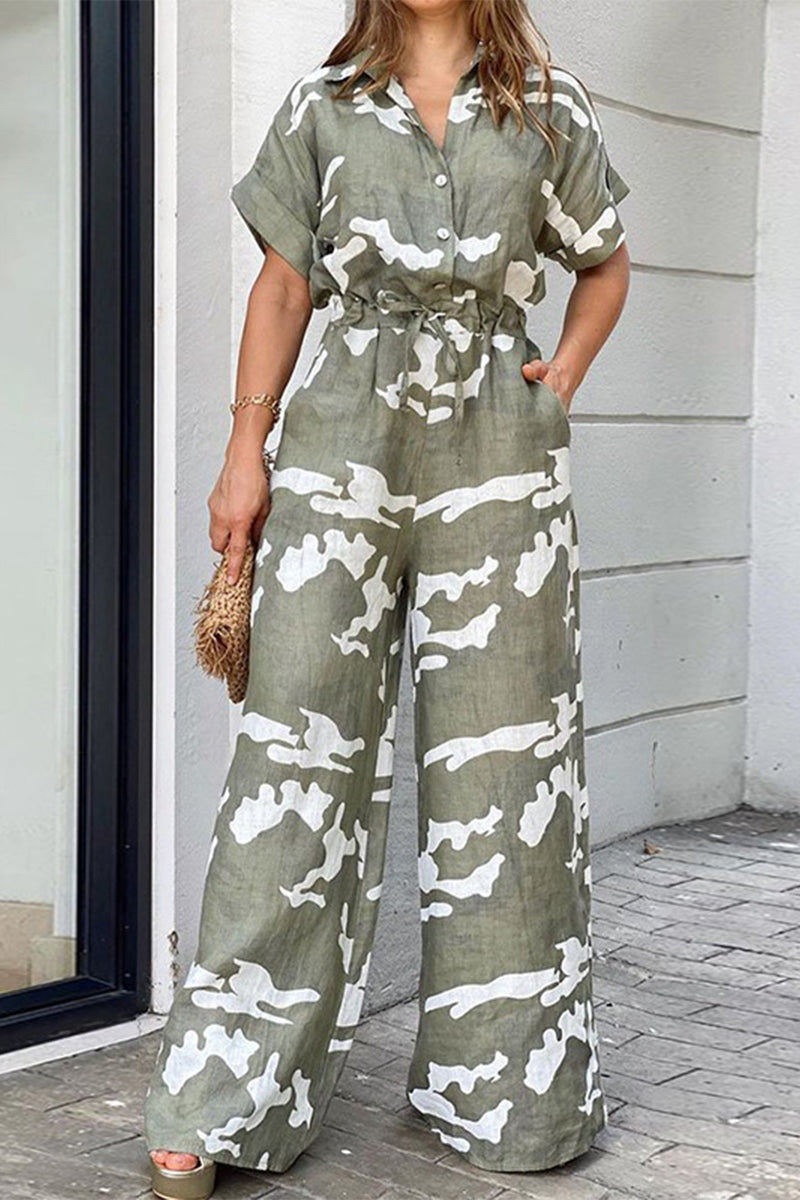 Casual Street Geometric Print Pocket Frenulum Buttons Turndown Collar Loose Jumpsuits