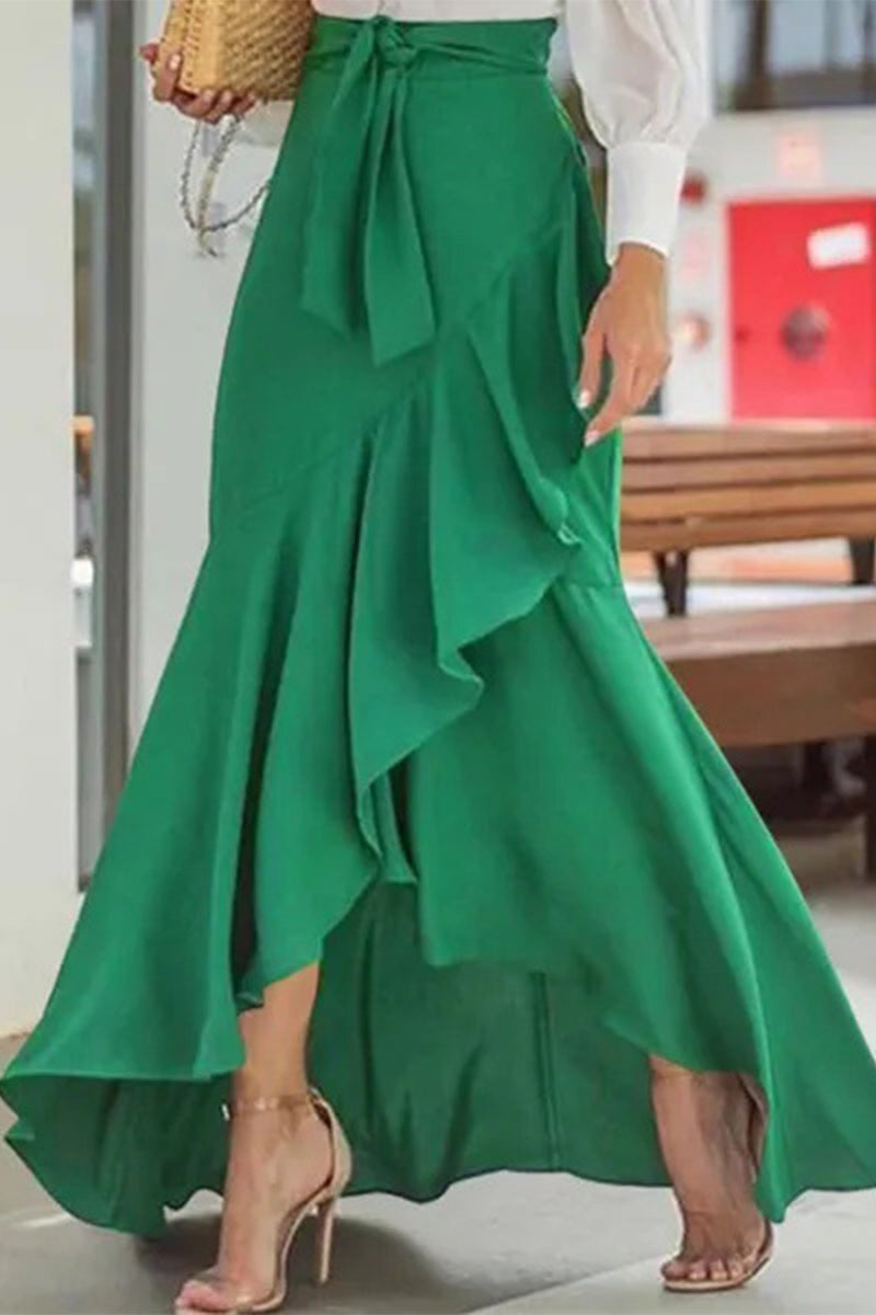 Elegant Solid Frenulum Flounce High Waist Type A Solid Color Bottoms