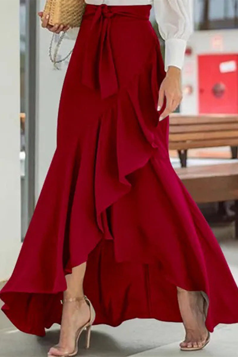 Elegant Solid Frenulum Flounce High Waist Type A Solid Color Bottoms