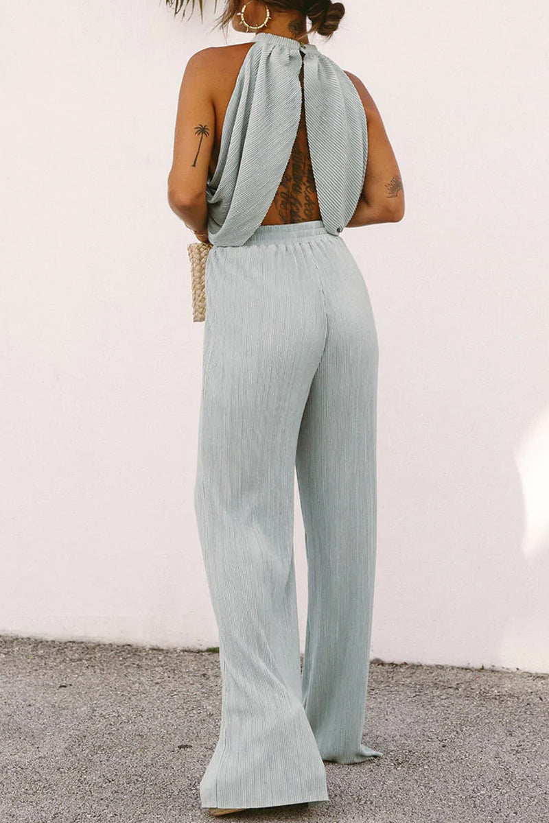 Casual Solid Ammetrical Halter Sleeveless Two Pieces
