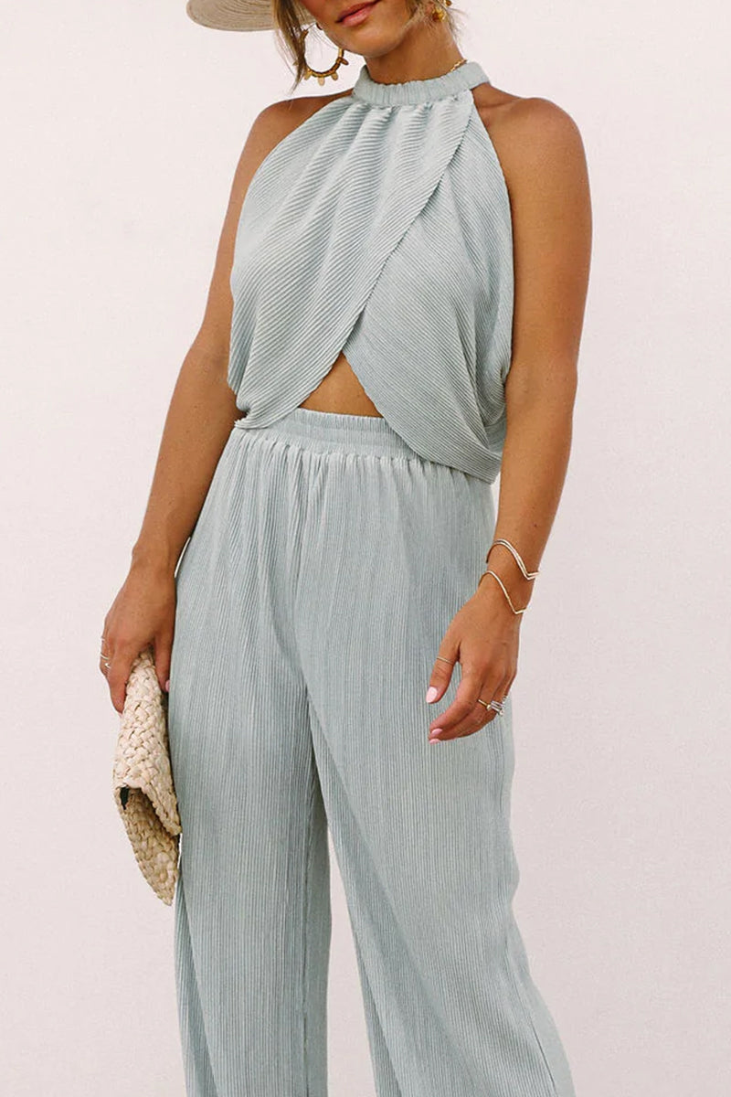 Casual Solid Ammetrical Halter Sleeveless Two Pieces