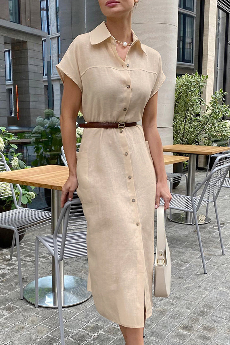 Elegant Solid Frenulum Turndown Collar Shirt Dress Dresses