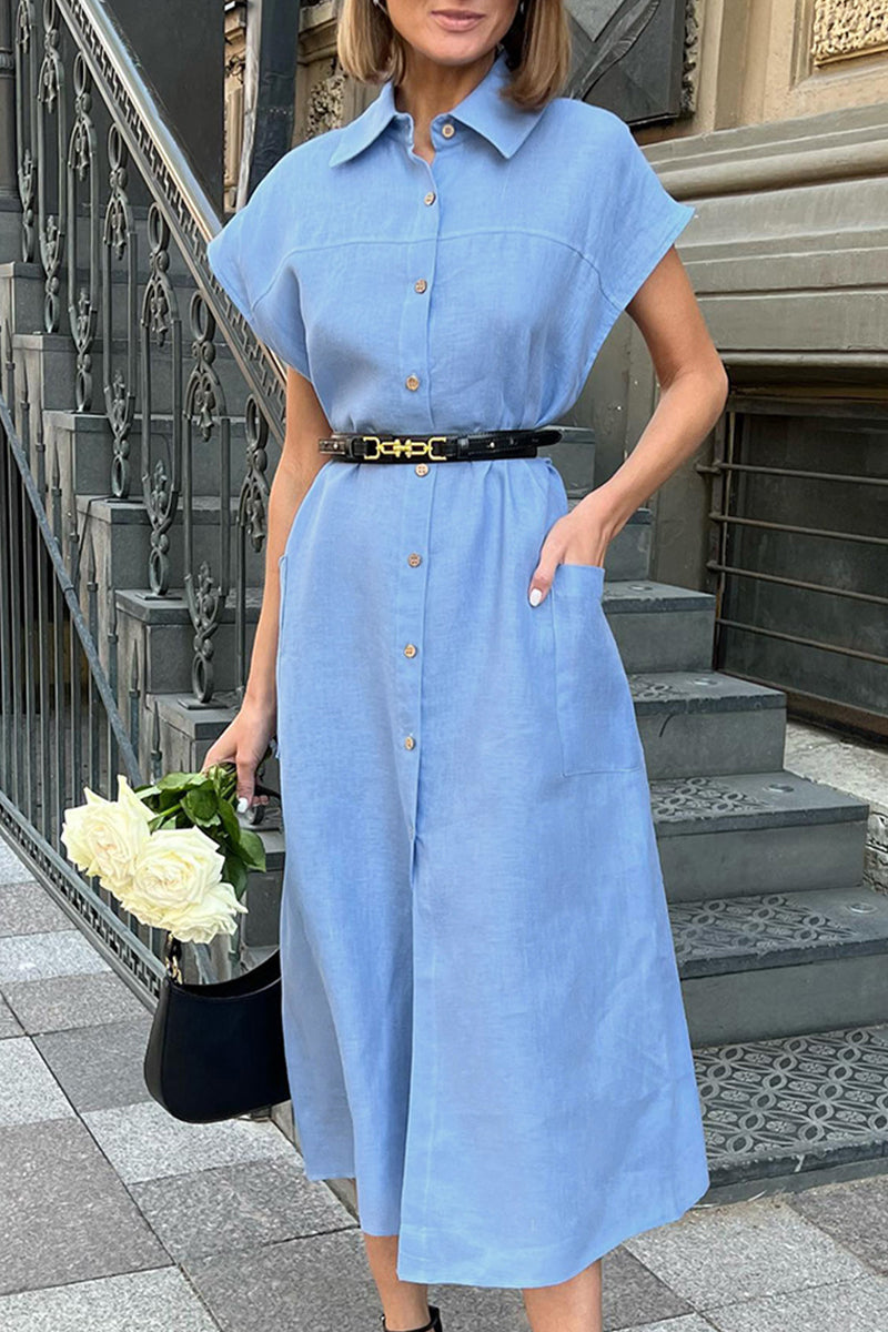 Elegant Solid Frenulum Turndown Collar Shirt Dress Dresses