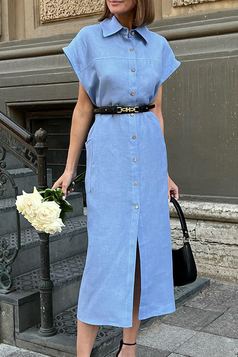 Elegant Solid Frenulum Turndown Collar Shirt Dress Dresses