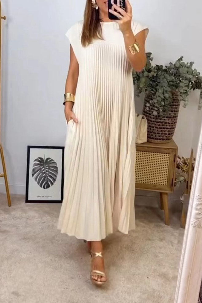 Classic Crew Neck Cap Sleeve Solid Color Maxi Dress