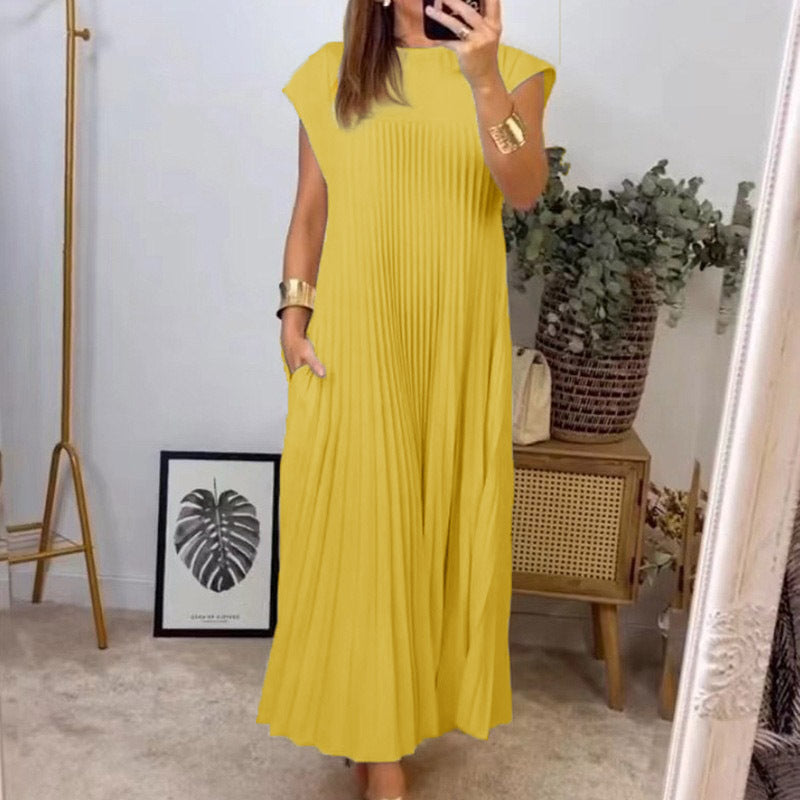 Classic Crew Neck Cap Sleeve Solid Color Maxi Dress