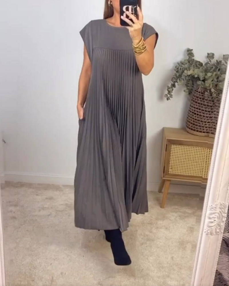 Classic Crew Neck Cap Sleeve Solid Color Maxi Dress