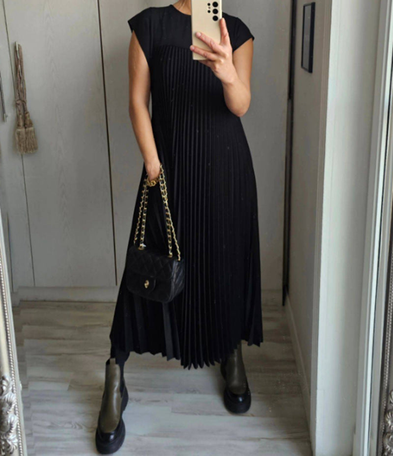 Classic Crew Neck Cap Sleeve Solid Color Maxi Dress